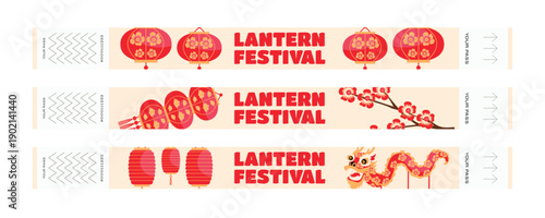 Entry pass wristband set for Chinese Lantern Festival with lanterns, dragon and plum blossom