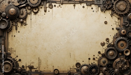 Steampunk mashup paper background with vintage textures, gears, mechanical elements, and aged industrial style