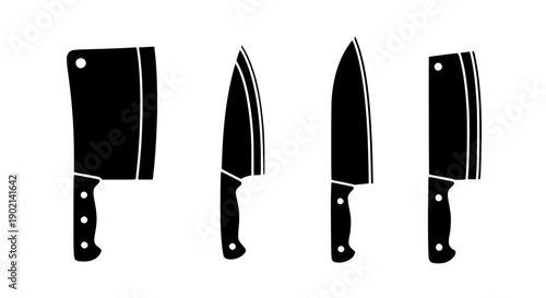 Professional Black Silhouette Icon Set of Culinary Kitchen Knives Butcher Cleavers and Sharp Slicing Tools