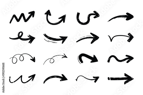 Set of 16 hand-drawn black arrows on a white background, representing direction and movement in various styles