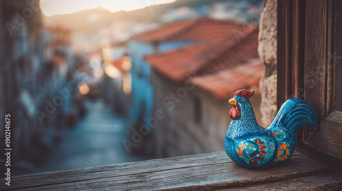 Portuguese ceramic rooster decor with vibrant blue color and intricate patterns sits on rustic wooden window ledge overlooking charming old town street at sunset
