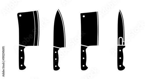 Professional Black Silhouette Icon Collection of Essential Kitchen Knives Including Cleavers and Chef Slicing Tools