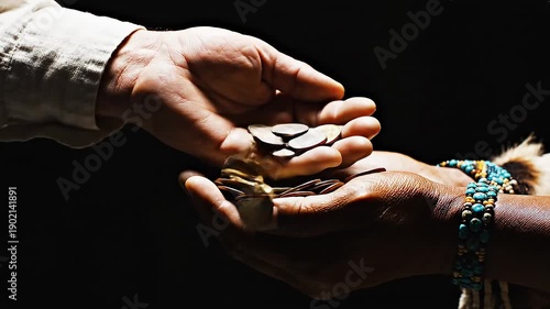 Wallpaper Mural Hands exchanging coins from palm to palm, slow motion symbolic wealth transfer Torontodigital.ca