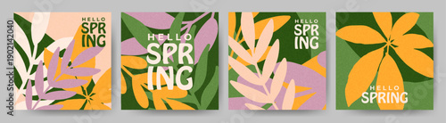 Spring greeting cards set with abstract botanical leaves. Minimal modern illustrations with grainy texture, organic shapes, and bold typography. For seasonal greetings, posters, social media posts