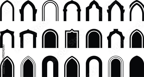 Architectural arch silhouettes collection featuring various oriental and gothic frames for doorway and window designs