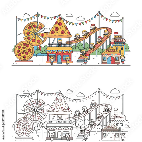 Vector illustration of a cartoon pizza amusement park with a roller coaster and contented kids for a coloring book page