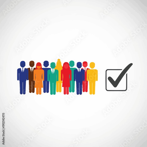A group of diverse people standing together with a checkmark in a box indicating selection or approval.