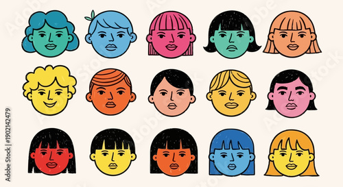 A grid of 15 diverse cartoon faces with different hairstyles and colors, representing various people.