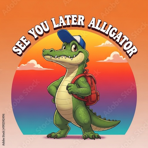 Cute cartoon alligator character waving with backpack and cap during a colorful sunset sky scene