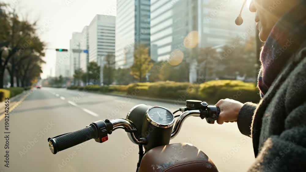 Man rides electric scooter on wide city street. Rider drives moped on ...