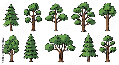A collection of ten cartoon trees with different shapes and sizes, featuring both coniferous and deciduous types.