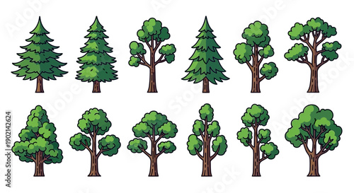 A collection of 12 pixel art illustrations of various deciduous and coniferous trees, presented in two rows against a white background.