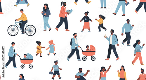 Seamless pattern of diverse people walking, cycling, and interacting in a vibrant community setting, showcasing various ages and activities.