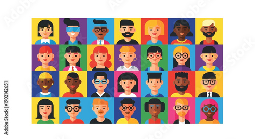 A colorful grid of diverse cartoon avatars representing various people and professions.