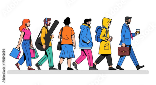 Diverse group of six people walking together, showcasing various lifestyles and professions in an urban setting.