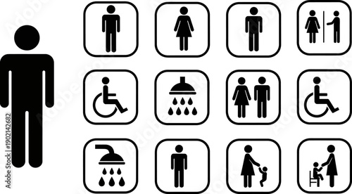 Comprehensive Set of Public Restroom and Facility Vector Icons for Signage