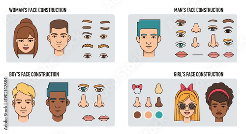 Face construction kits for different genders and ages with various facial features and skin tones.