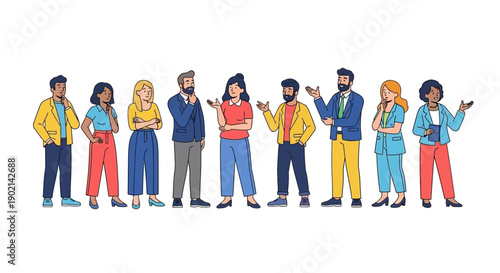 A diverse group of ten cartoon people standing in a line, talking and gesturing, representing communication and teamwork.