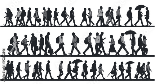 Silhouettes of diverse people walking in a crowd, some carrying bags and umbrellas, on a plain background.