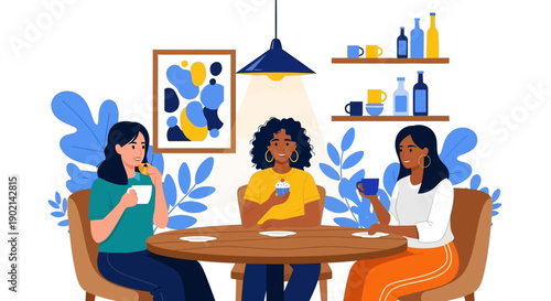 Three diverse women enjoying coffee and conversation at a round wooden table in a cozy cafe setting.