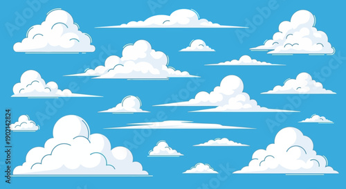 A collection of cartoon-style white clouds in various shapes and sizes against a clear blue sky, perfect for graphic design elements.