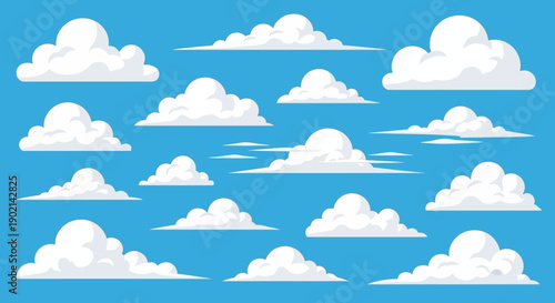Cartoon illustration of various white fluffy clouds floating in a clear blue sky, depicting a sunny weather day.