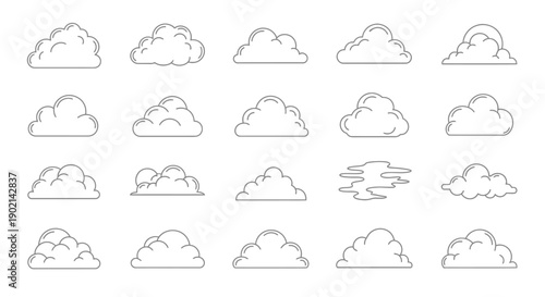 A diverse collection of twenty cartoon-style cloud icons and shapes presented in a simple line art design.