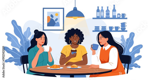 Three diverse women enjoying coffee and pastries at a cafe table, with plants and shelves in the background.