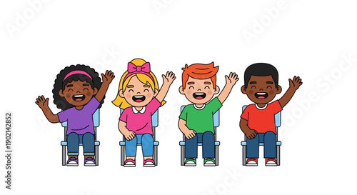 Four diverse cartoon children sitting on chairs and waving happily with smiles.