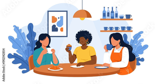 Three diverse women enjoying coffee and pastries at a round table in a cozy cafe setting.