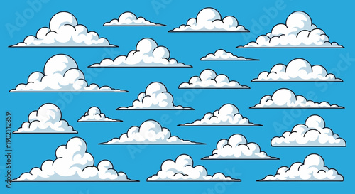 A collection of cartoon-style white clouds with dark outlines against a vibrant blue sky background, depicting various shapes and sizes.