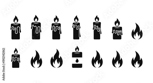 A collection of black silhouette icons representing lit candles and flames, suitable for various design applications.