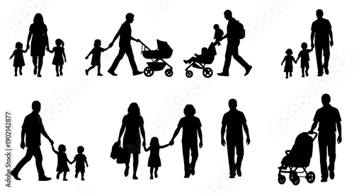 Silhouettes of families with children and strollers, depicting various parenting and outdoor activities.