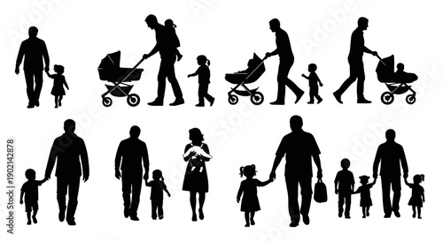 Silhouettes of parents and children walking together, some with strollers, depicting family life and togetherness.