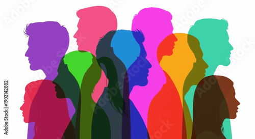 A vibrant illustration depicting a diverse group of people in profile, their colorful silhouettes overlapping.