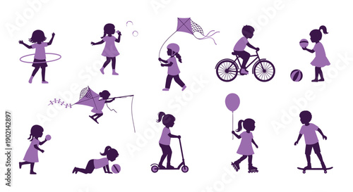 Collection of diverse children engaged in various outdoor activities and games, depicted as purple silhouettes against a white background.