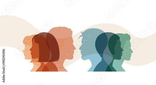 Silhouettes of diverse people facing each other, representing connection and diversity in a stylized, abstract manner.