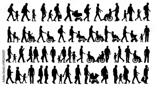 A comprehensive collection of diverse silhouettes representing people of all ages and abilities, engaged in various everyday activities.