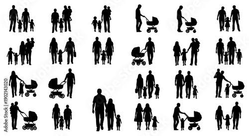 Collection of Silhouettes Depicting Families with Children and Strollers.