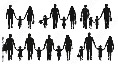 Silhouettes of various families walking together, holding hands, depicting togetherness and family bonds.