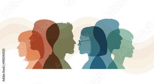 Silhouettes of diverse people facing each other, symbolizing connection and communication across different groups.