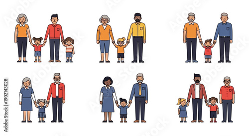 Diverse families with grandparents, parents, and children depicted in a clean, modern illustration style.
