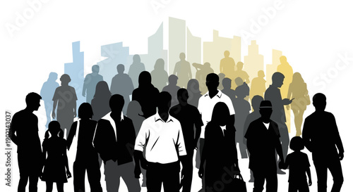 A diverse group of people silhouetted against a backdrop of city buildings.