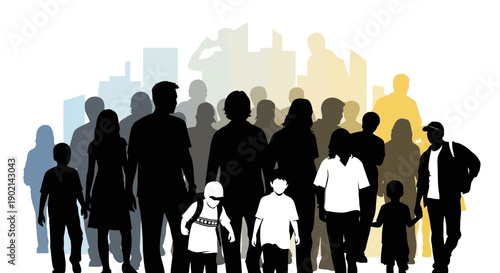 A diverse group of silhouetted people of various ages and sizes stand together in front of a blurred city skyline.