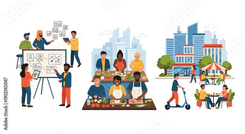 Diverse group of people collaborating on a project, participating in a cooking class, and enjoying outdoor dining in a city.