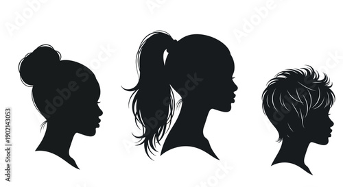 Three diverse female silhouettes showcasing different hairstyles: a bun, a high ponytail, and a short, spiky cut.