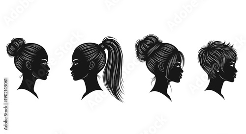 Four diverse female silhouettes showcasing various hairstyles in profile view against a white background.
