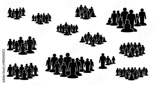 A collection of diverse groups of silhouetted people in various formations and sizes, representing crowds and communities.