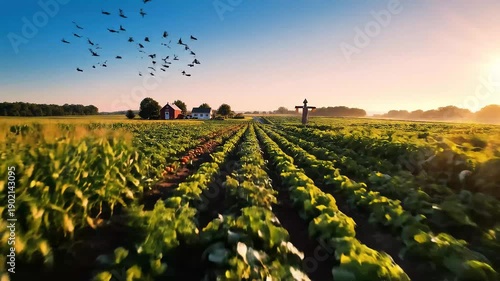 Wallpaper Mural Lush green farm fields with a scarecrow and birds flying at sunrise Torontodigital.ca