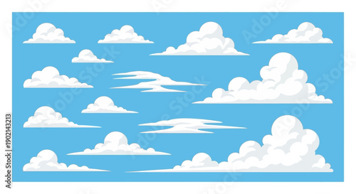A collection of various fluffy white clouds scattered across a bright blue sky, illustrating different cloud formations.